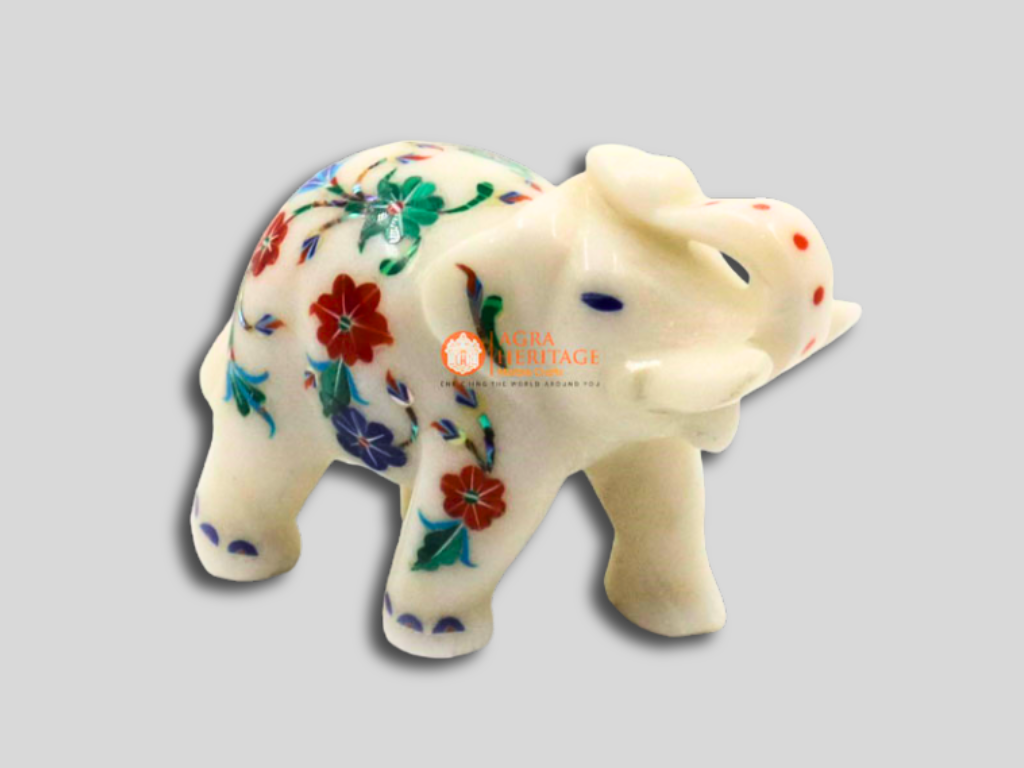 Marble Elephant Figurine Inlay Multi Semi Precious Gemstone Marquetry Gift